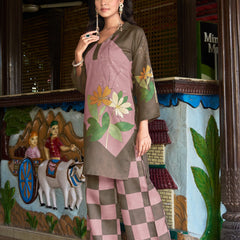 Olive Pink Colour Block Floral Kurta Set with Checked Palazzo | Women's 2-Piece Co-ord Set