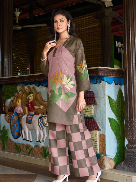 Olive Pink Colour Block Floral Kurta Set with Checked Palazzo | Women's 2-Piece Co-ord Set