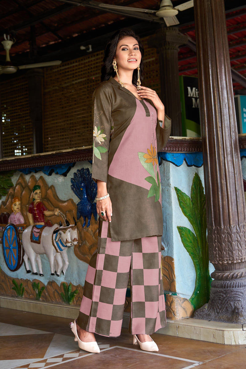 Olive Pink Colour Block Floral Kurta Set with Checked Palazzo | Women's 2-Piece Co-ord Set