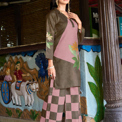 Olive Pink Colour Block Floral Kurta Set with Checked Palazzo | Women's 2-Piece Co-ord Set