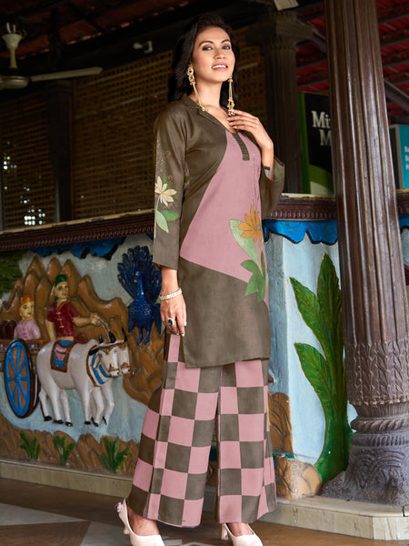 Olive Pink Colour Block Floral Kurta Set with Checked Palazzo | Women's 2-Piece Co-ord Set