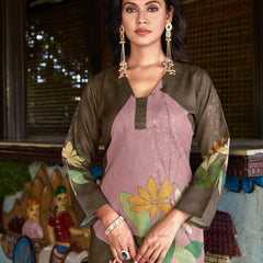 Olive Pink Colour Block Floral Kurta Set with Checked Palazzo | Women's 2-Piece Co-ord Set