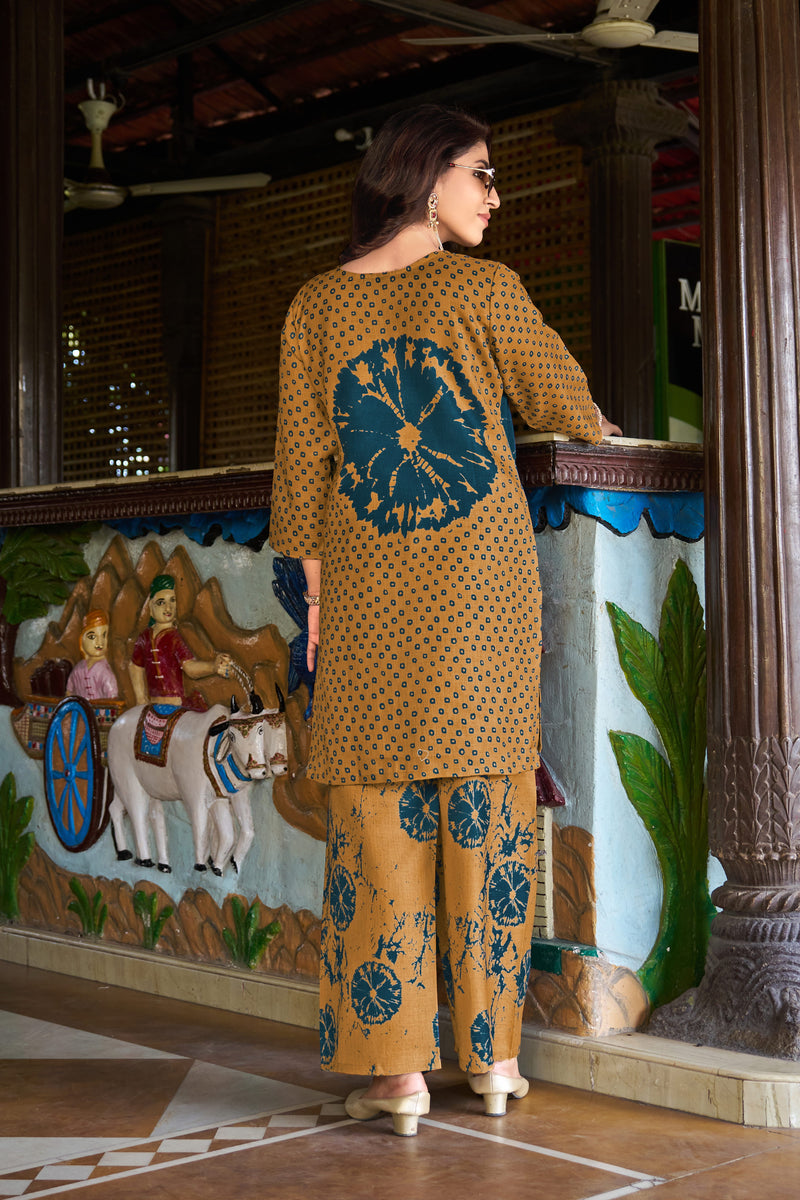 Mustard Teal Floral Printed Kurta Set with Pants | Women's 2-Piece Co-ord Set