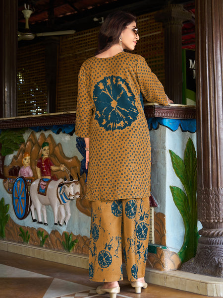 Mustard Teal Floral Printed Kurta Set with Pants | Women's 2-Piece Co-ord Set