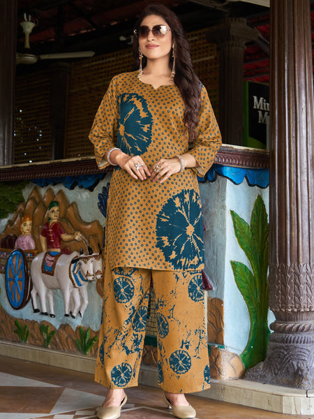 Mustard Teal Floral Printed Kurta Set with Pants | Women's 2-Piece Co-ord Set