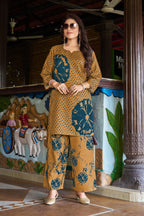 Mustard Teal Floral Printed Kurta Set with Pants | Women's 2-Piece Co-ord Set