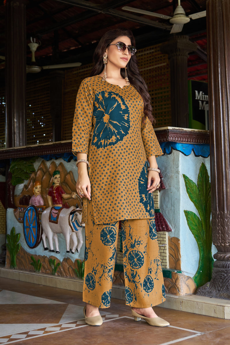 Mustard Teal Floral Printed Kurta Set with Pants | Women's 2-Piece Co-ord Set