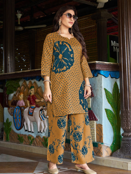 Mustard Teal Floral Printed Kurta Set with Pants | Women's 2-Piece Co-ord Set