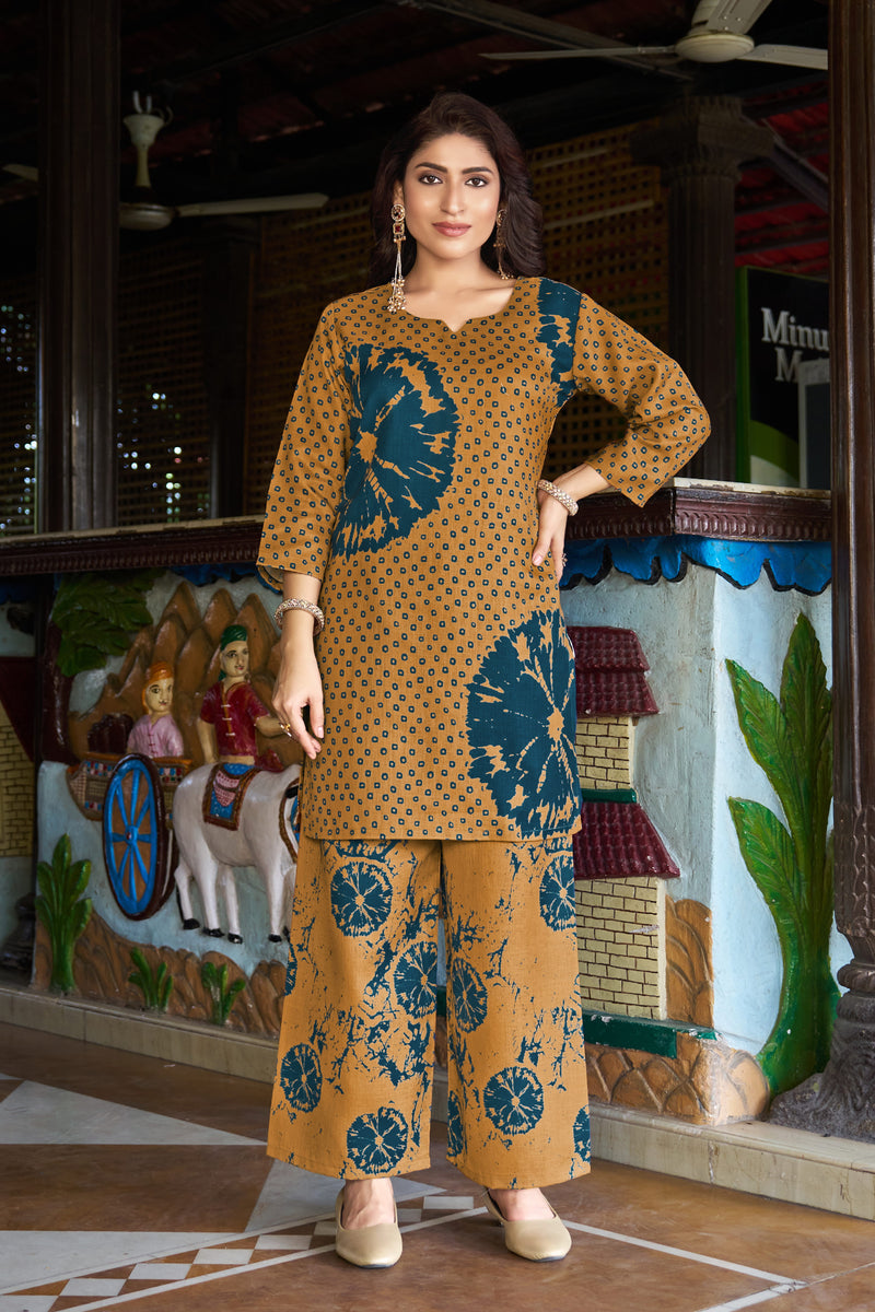 Mustard Teal Floral Printed Kurta Set with Pants | Women's 2-Piece Co-ord Set