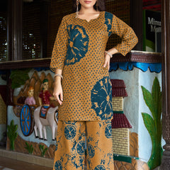 Mustard Teal Floral Printed Kurta Set with Pants | Women's 2-Piece Co-ord Set