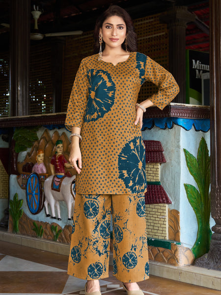Mustard Teal Floral Printed Kurta Set with Pants | Women's 2-Piece Co-ord Set