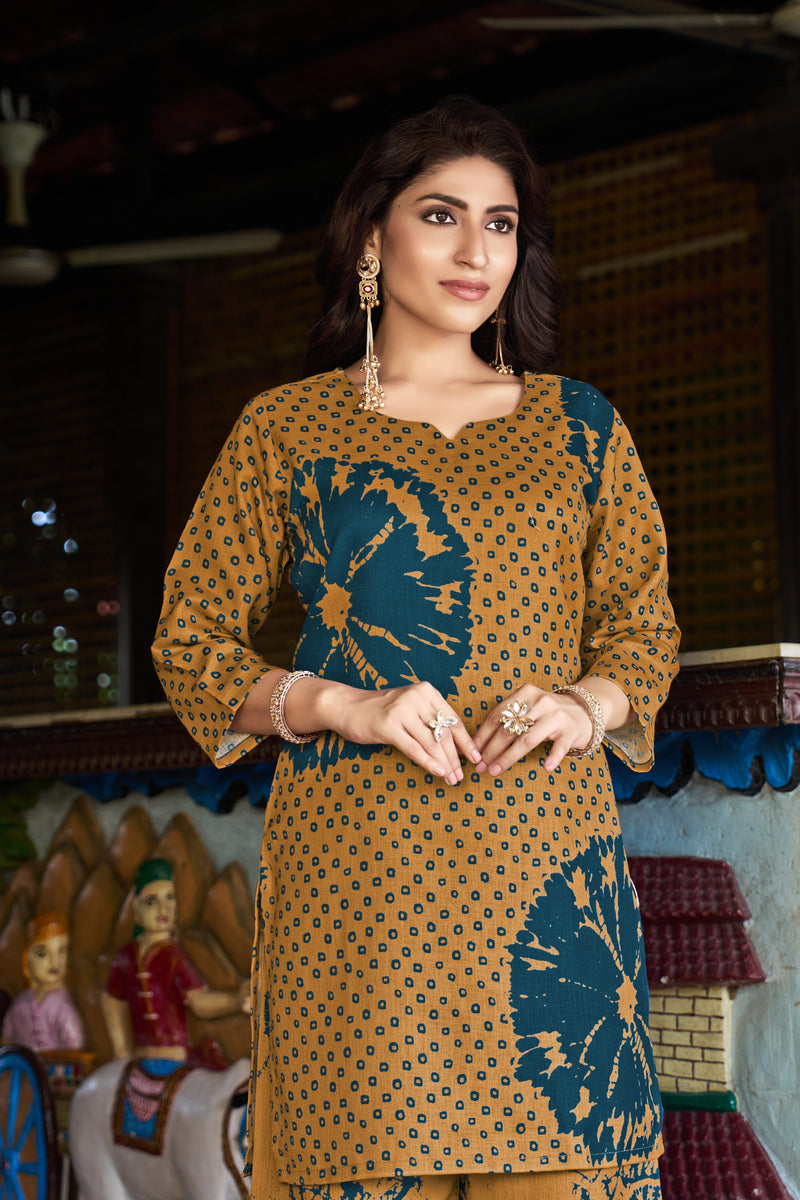 Mustard Teal Floral Printed Kurta Set with Pants | Women's 2-Piece Co-ord Set