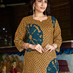 Mustard Teal Floral Printed Kurta Set with Pants | Women's 2-Piece Co-ord Set