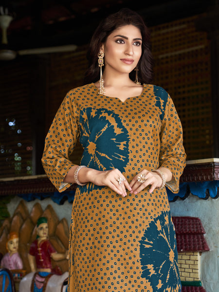Mustard Teal Floral Printed Kurta Set with Pants | Women's 2-Piece Co-ord Set