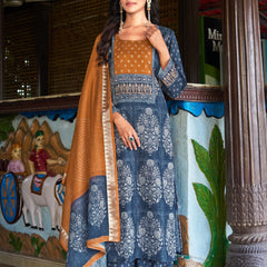 Indigo Blue Printed Kurta Set with Rust Dupatta | Women's 3-Piece Ethnic Wear
