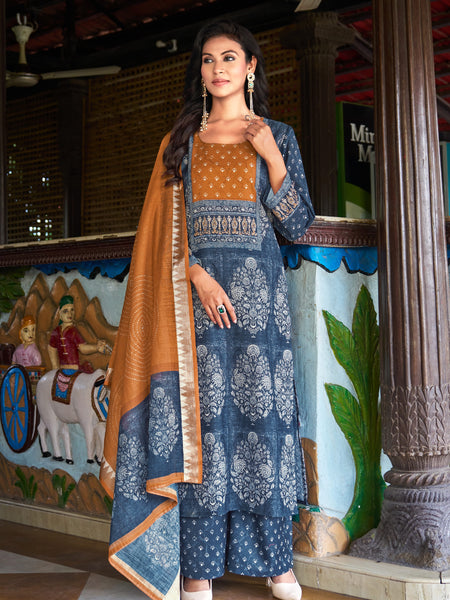 Indigo Blue Printed Kurta Set with Rust Dupatta | Women's 3-Piece Ethnic Wear