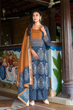 Indigo Blue Printed Kurta Set with Rust Dupatta | Women's 3-Piece Ethnic Wear