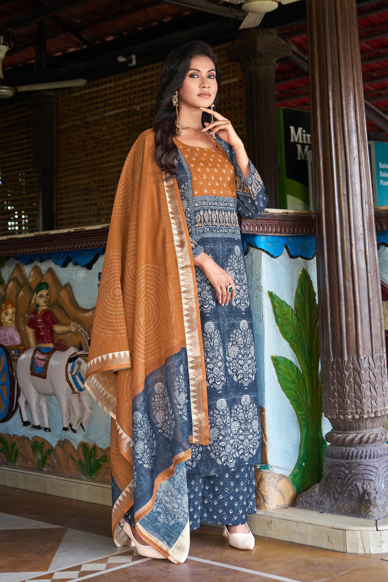 Indigo Blue Printed Kurta Set with Rust Dupatta | Women's 3-Piece Ethnic Wear