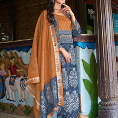Indigo Blue Printed Kurta Set with Rust Dupatta | Women's 3-Piece Ethnic Wear