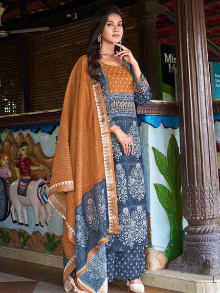 Indigo Blue Printed Kurta Set with Rust Dupatta | Women's 3-Piece Ethnic Wear