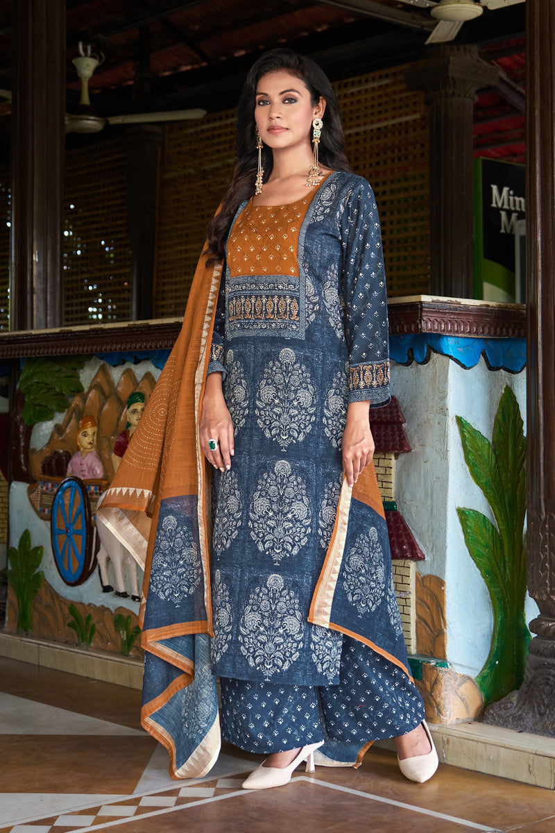 Indigo Blue Printed Kurta Set with Rust Dupatta | Women's 3-Piece Ethnic Wear