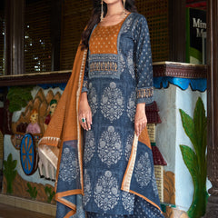 Indigo Blue Printed Kurta Set with Rust Dupatta | Women's 3-Piece Ethnic Wear