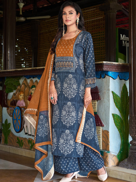 Indigo Blue Printed Kurta Set with Rust Dupatta | Women's 3-Piece Ethnic Wear