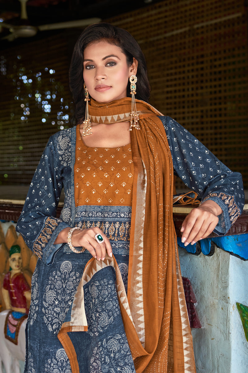 Indigo Blue Printed Kurta Set with Rust Dupatta | Women's 3-Piece Ethnic Wear