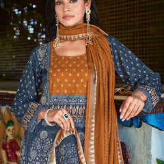 Indigo Blue Printed Kurta Set with Rust Dupatta | Women's 3-Piece Ethnic Wear
