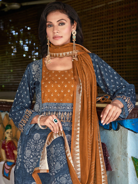 Indigo Blue Printed Kurta Set with Rust Dupatta | Women's 3-Piece Ethnic Wear