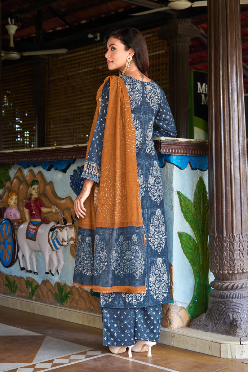 Indigo Blue Printed Kurta Set with Rust Dupatta | Women's 3-Piece Ethnic Wear