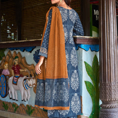Indigo Blue Printed Kurta Set with Rust Dupatta | Women's 3-Piece Ethnic Wear