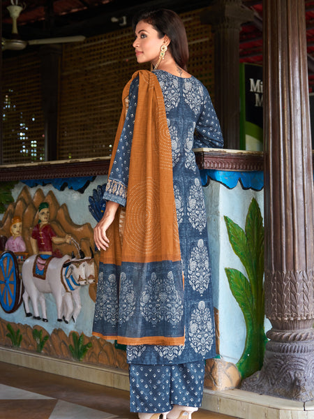 Indigo Blue Printed Kurta Set with Rust Dupatta | Women's 3-Piece Ethnic Wear