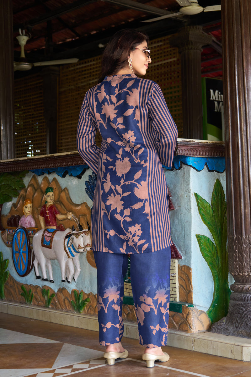 Navy Blue Floral Printed Kurta Set with Pants | Women's 2-Piece Co-ord Set