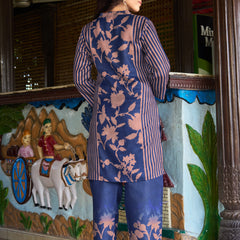 Navy Blue Floral Printed Kurta Set with Pants | Women's 2-Piece Co-ord Set