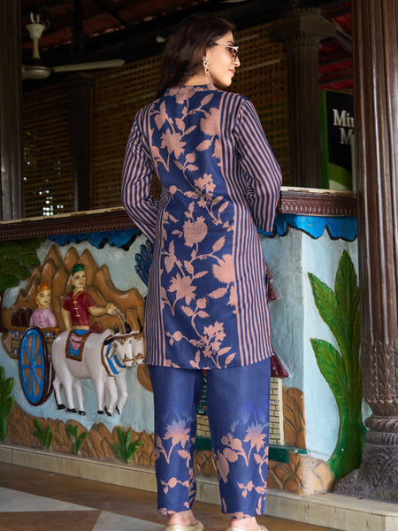 Navy Blue Floral Printed Kurta Set with Pants | Women's 2-Piece Co-ord Set