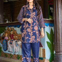Navy Blue Floral Printed Kurta Set with Pants | Women's 2-Piece Co-ord Set