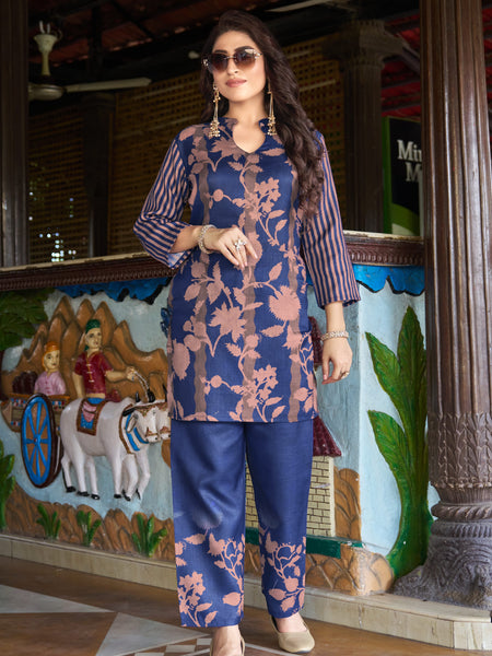 Navy Blue Floral Printed Kurta Set with Pants | Women's 2-Piece Co-ord Set