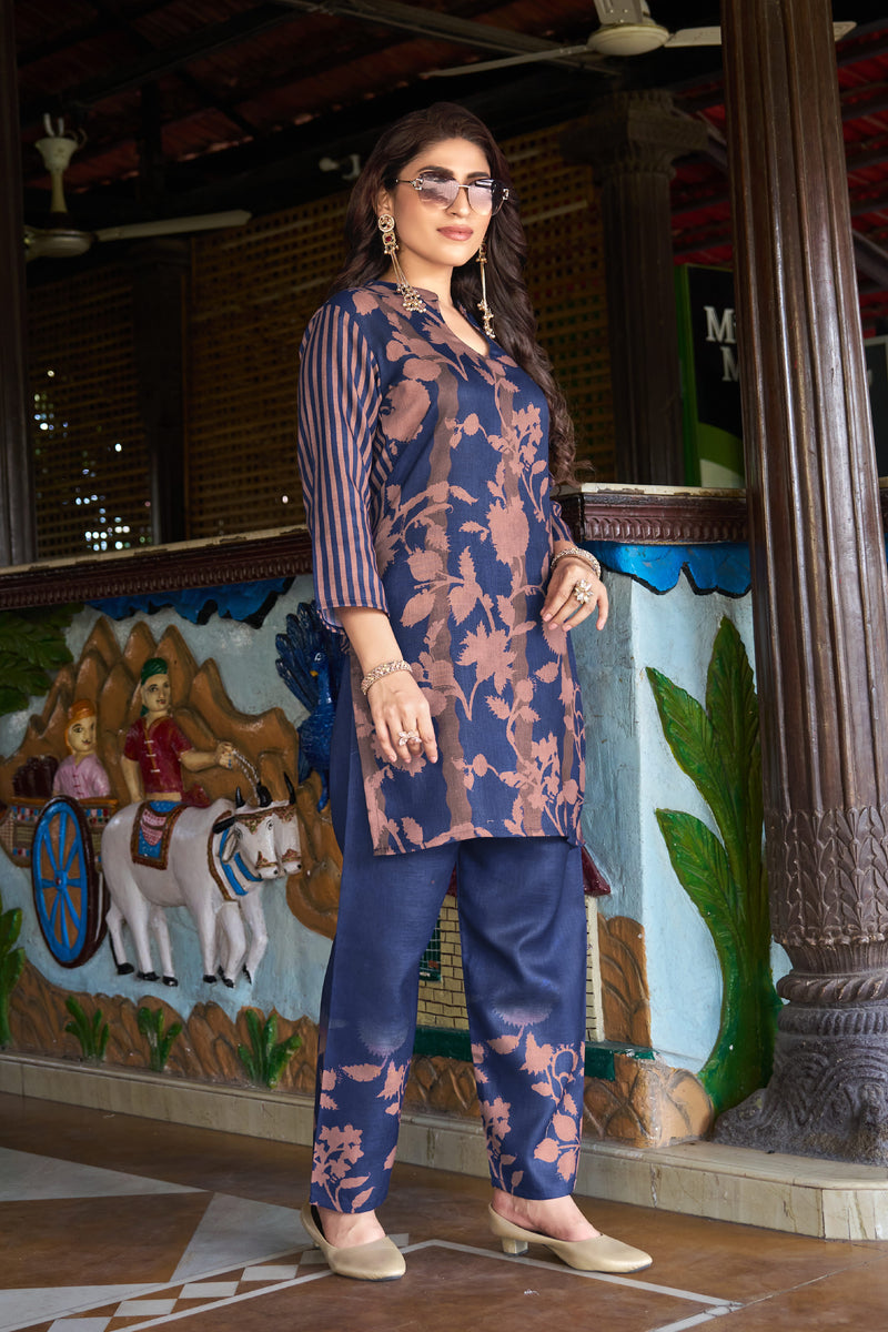 Navy Blue Floral Printed Kurta Set with Pants | Women's 2-Piece Co-ord Set