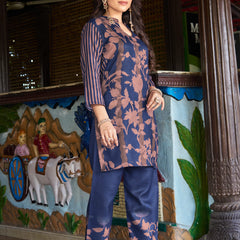 Navy Blue Floral Printed Kurta Set with Pants | Women's 2-Piece Co-ord Set