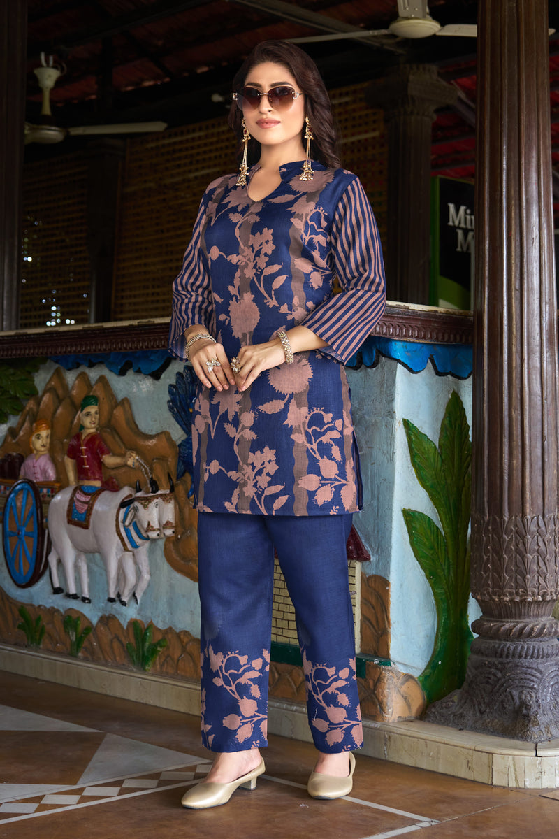 Navy Blue Floral Printed Kurta Set with Pants | Women's 2-Piece Co-ord Set