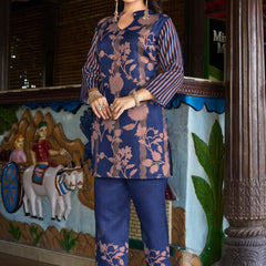 Navy Blue Floral Printed Kurta Set with Pants | Women's 2-Piece Co-ord Set