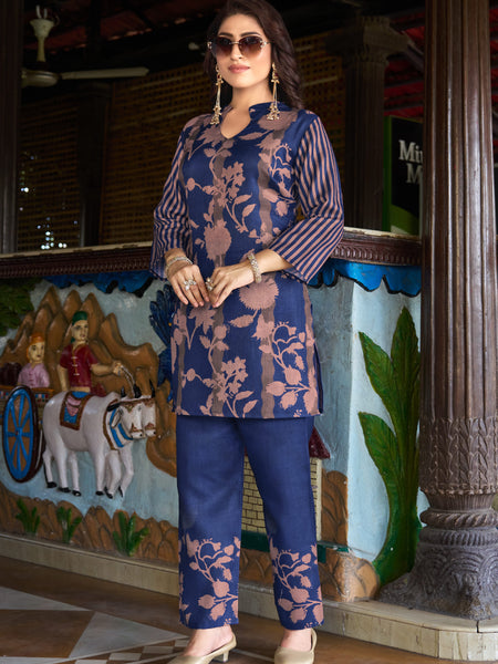 Navy Blue Floral Printed Kurta Set with Pants | Women's 2-Piece Co-ord Set