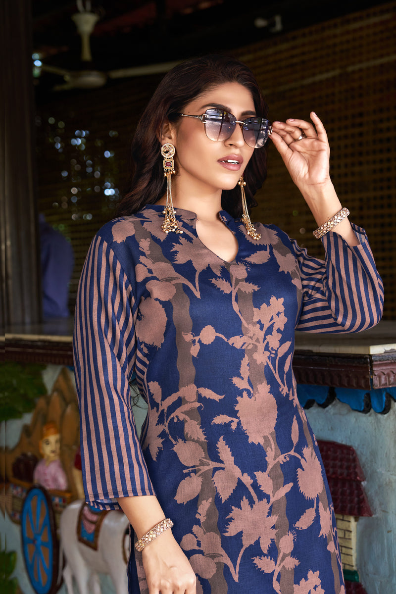 Navy Blue Floral Printed Kurta Set with Pants | Women's 2-Piece Co-ord Set