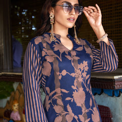 Navy Blue Floral Printed Kurta Set with Pants | Women's 2-Piece Co-ord Set