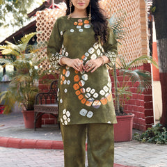 Olive Green Abstract Printed Kurta Set with Pants | Women's 2-Piece Co-ord Set