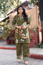 Olive Green Abstract Printed Kurta Set with Pants | Women's 2-Piece Co-ord Set