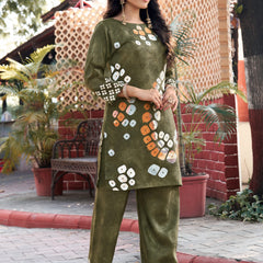 Olive Green Abstract Printed Kurta Set with Pants | Women's 2-Piece Co-ord Set