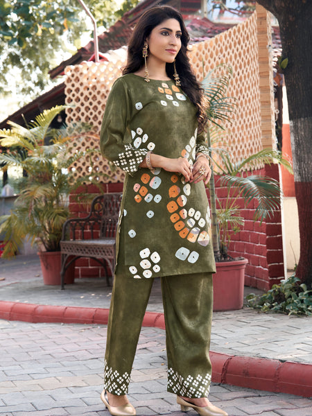 Olive Green Abstract Printed Kurta Set with Pants | Women's 2-Piece Co-ord Set