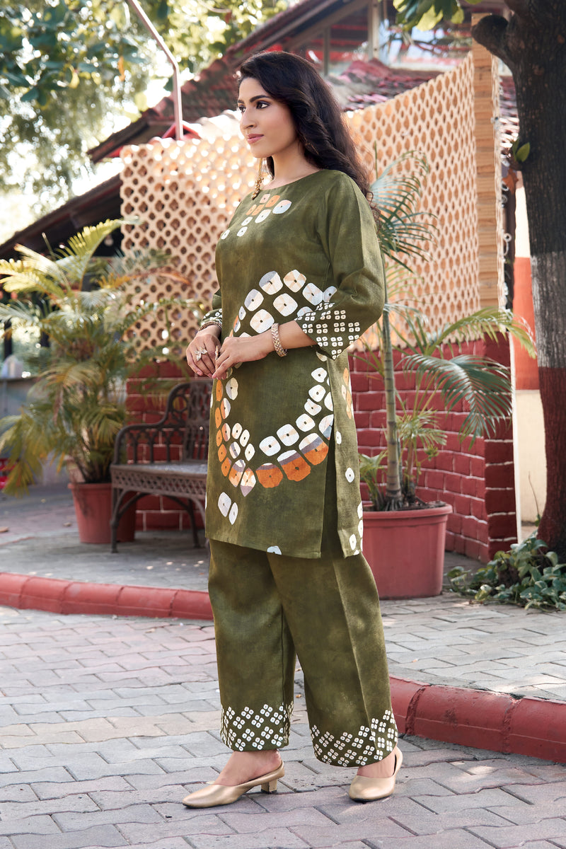 Olive Green Abstract Printed Kurta Set with Pants | Women's 2-Piece Co-ord Set